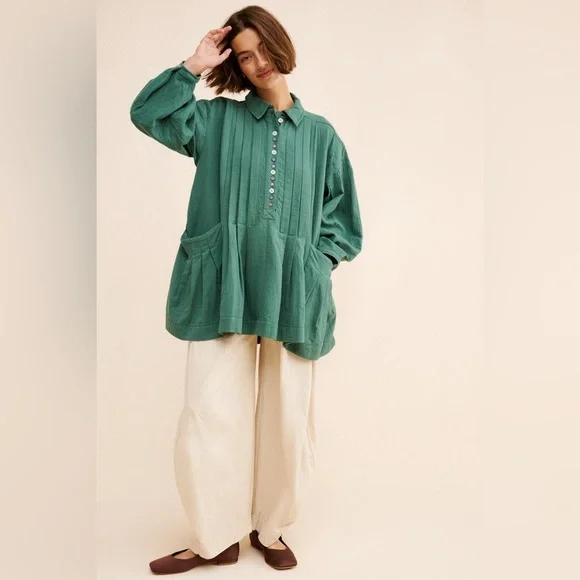 Free People Thalia Mini Shirtdress S Pullover Jacket Button Oversized Teal Boho - Picture 4 of 16